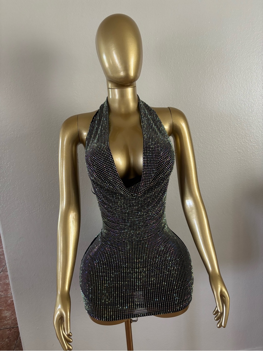 Hera Collection Black Rhinestone Halter Mini Dress